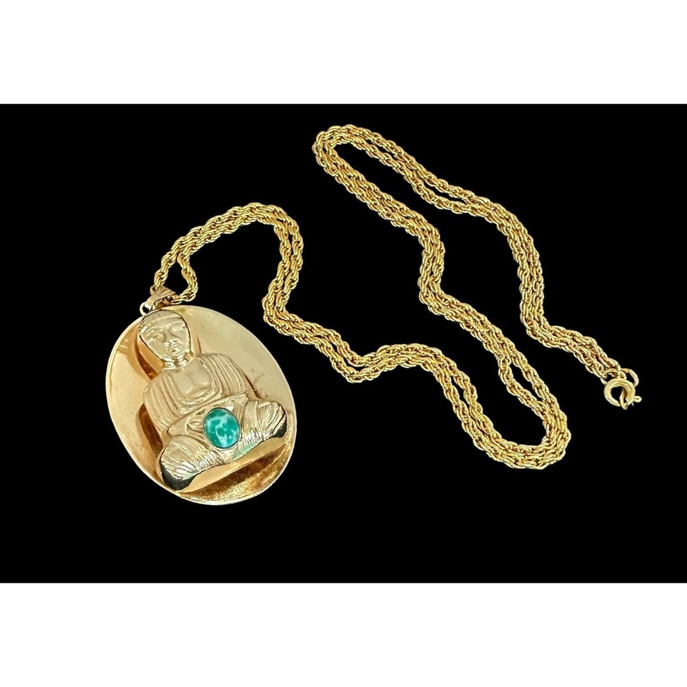 Vintage Gold Tone Buddha Pendant Necklace 30 Inch Rope Chain Green Stone Accent
